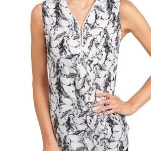Tahari Womens 1/4 Zip Sleeveless Blouse Ivory Horse Print M